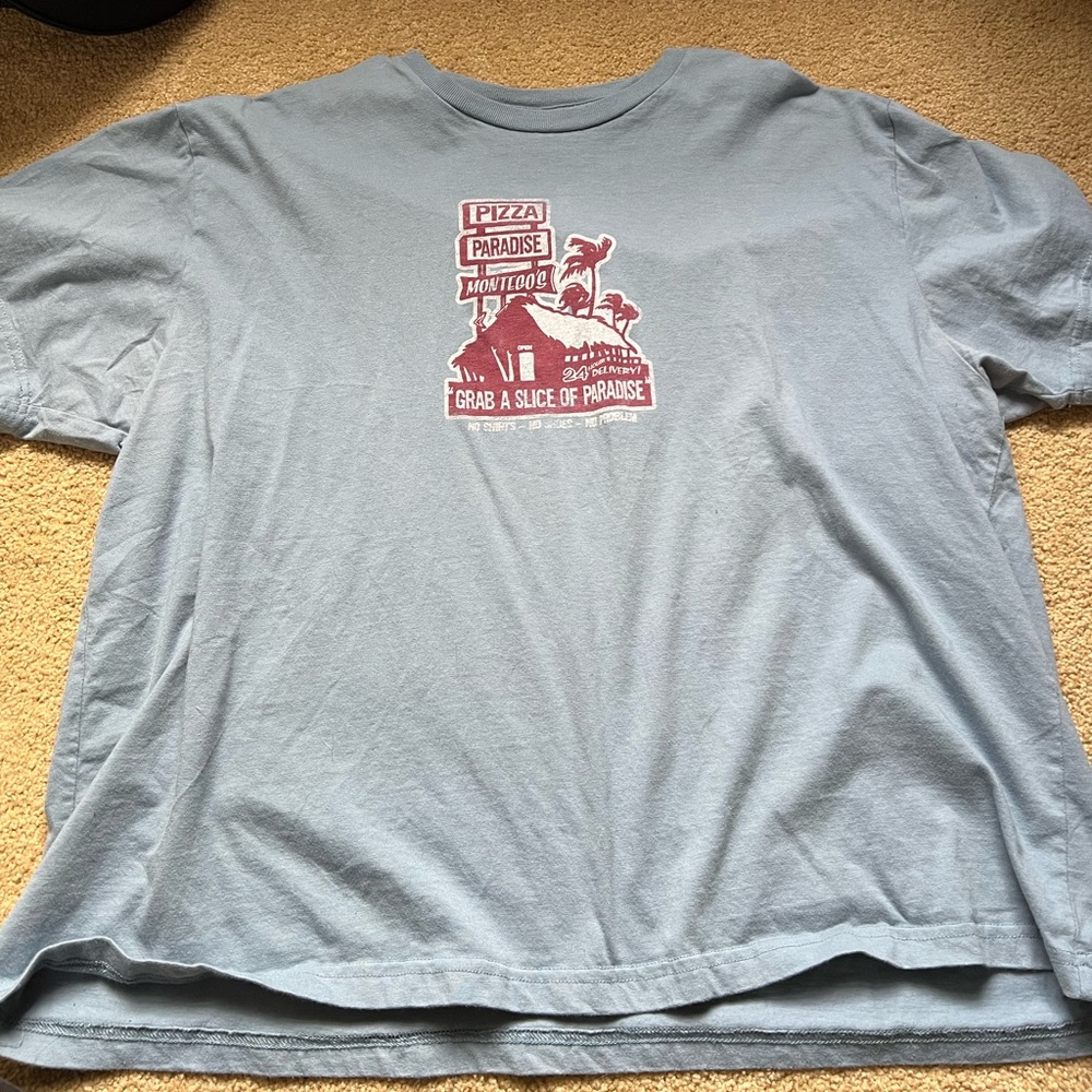 y2k old navy shirt light blue pizza shack